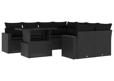 Set mobilier de grădină cu perne, 9 piese, negru, poliratan - 2/5
