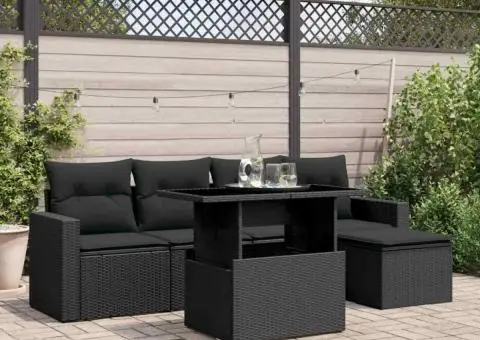 Set mobilier de grădină cu perne, 6 piese, negru, poliratan - 1/5