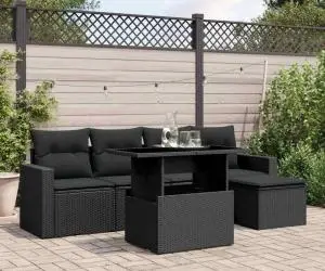 vidaXL Set mobilier de grădină cu perne, 6 piese, negru, poliratan