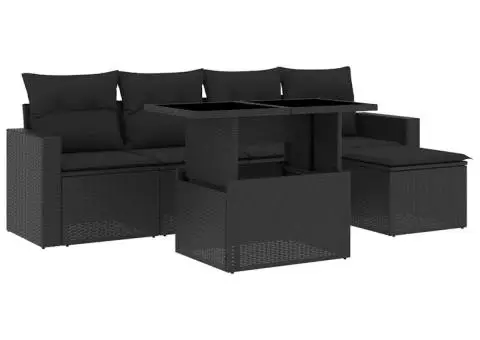 Set mobilier de grădină cu perne, 6 piese, negru, poliratan - 2/5