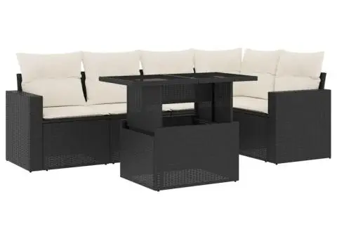 Set mobilier de grădină cu perne, 6 piese, negru, poliratan - 2/5