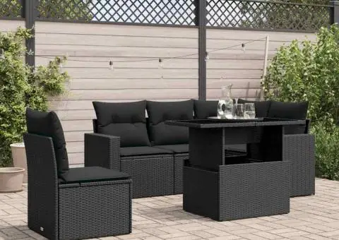 Set mobilier de grădină cu perne, 6 piese, negru, poliratan - 1/5