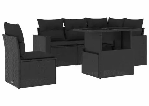 Set mobilier de grădină cu perne, 6 piese, negru, poliratan - 2/5
