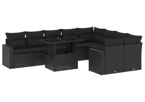 Set canapele de grădină cu perne, 10 piese, negru, poliratan - 2/5