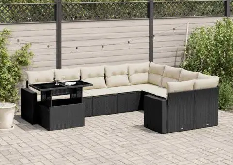 Set canapele de grădină cu perne, 10 piese, negru, poliratan - 1/5