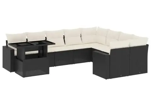 Set canapele de grădină cu perne, 10 piese, negru, poliratan - 2/5