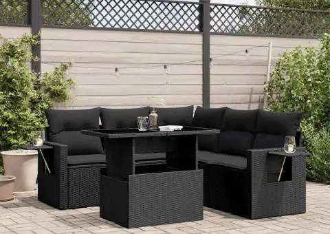 Set mobilier de grădină cu perne, 6 piese, negru, poliratan - 1/5