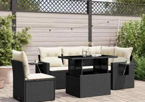 Set mobilier de grădină cu perne, 6 piese, negru, poliratan - 1/5