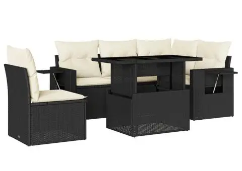 Set mobilier de grădină cu perne, 6 piese, negru, poliratan - 2/5
