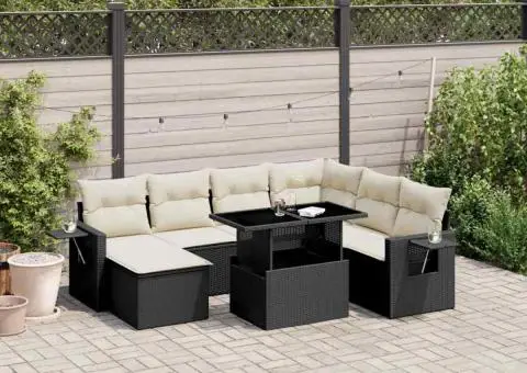 Set mobilier de grădină cu perne, 9 piese, negru, poliratan - 1/5