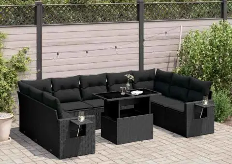 Set canapele de grădină cu perne, 10 piese, negru, poliratan - 1/5