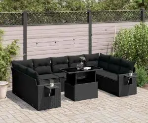 vidaXL Set canapele de grădină cu perne, 10 piese, negru, poliratan