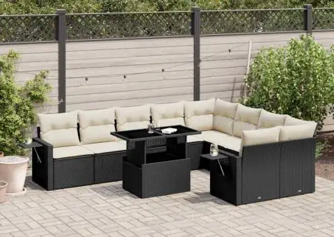 Set canapele de grădină cu perne, 10 piese, negru, poliratan - 1/5