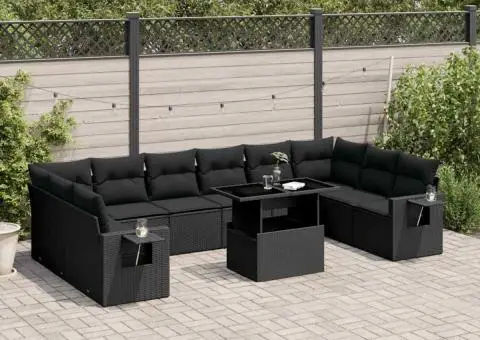Set canapele de grădină cu perne, 11 piese, negru, poliratan - 1/5