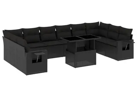 Set canapele de grădină cu perne, 11 piese, negru, poliratan - 2/5