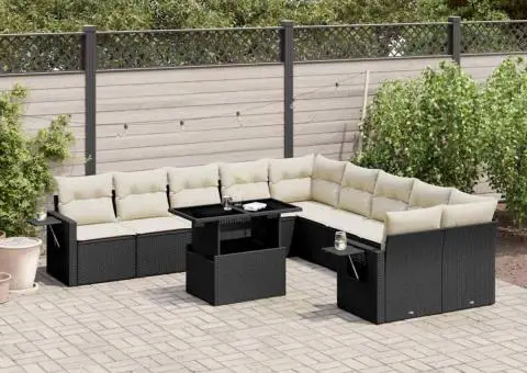 Set canapele de grădină cu perne, 11 piese, negru, poliratan - 1/5