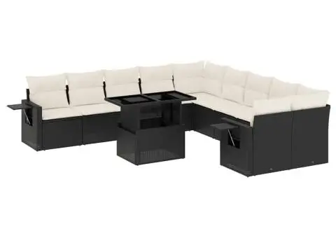 Set canapele de grădină cu perne, 11 piese, negru, poliratan - 2/5