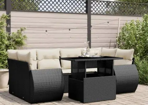 Set canapele de grădină cu perne, 7 piese, negru, poliratan - 1/5