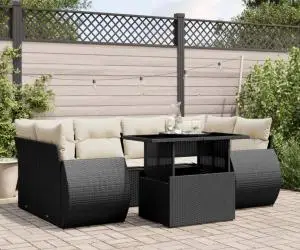 vidaXL Set canapele de grădină cu perne, 7 piese, negru, poliratan