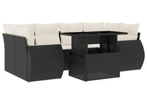 Set canapele de grădină cu perne, 7 piese, negru, poliratan - 2/5