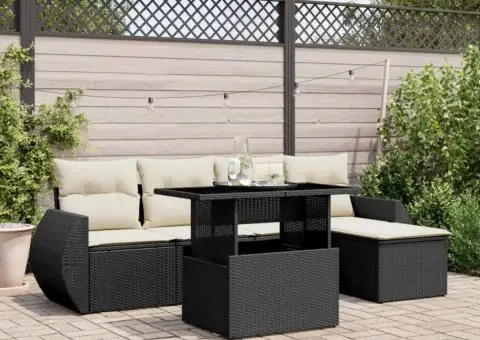Set mobilier de grădină cu perne, 6 piese, negru, poliratan - 1/5