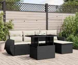 vidaXL Set mobilier de grădină cu perne, 6 piese, negru, poliratan