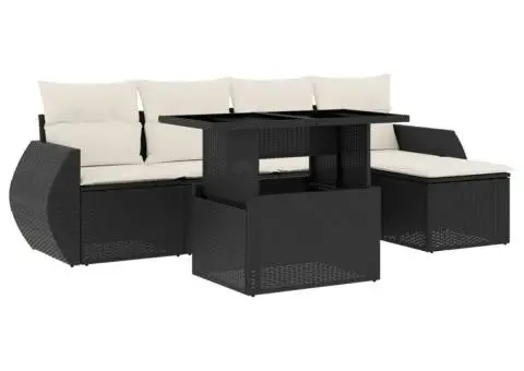 Set mobilier de grădină cu perne, 6 piese, negru, poliratan - 2/5