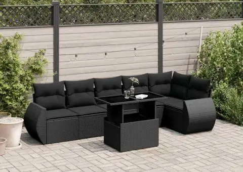 Set canapele de grădină cu perne, 7 piese, negru, poliratan - 1/5