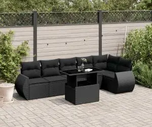 vidaXL Set canapele de grădină cu perne, 7 piese, negru, poliratan