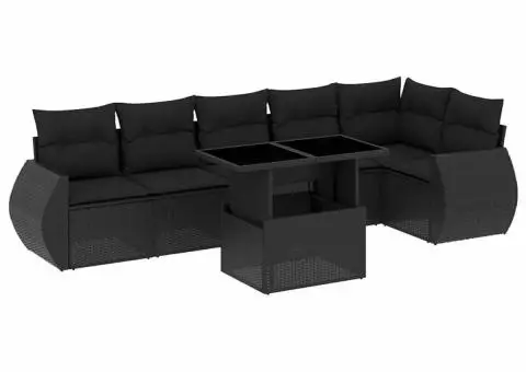 Set canapele de grădină cu perne, 7 piese, negru, poliratan - 2/5