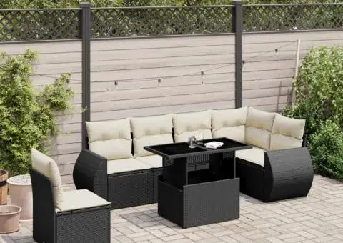 Set canapele de grădină cu perne, 7 piese, negru, poliratan - 1/5