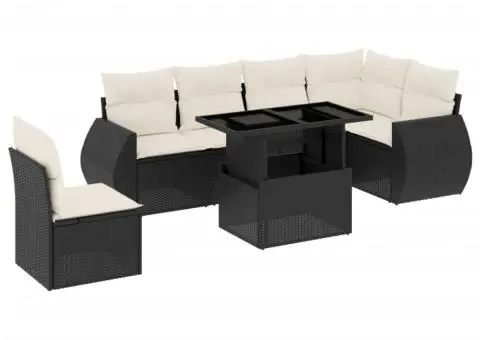 Set canapele de grădină cu perne, 7 piese, negru, poliratan - 2/5