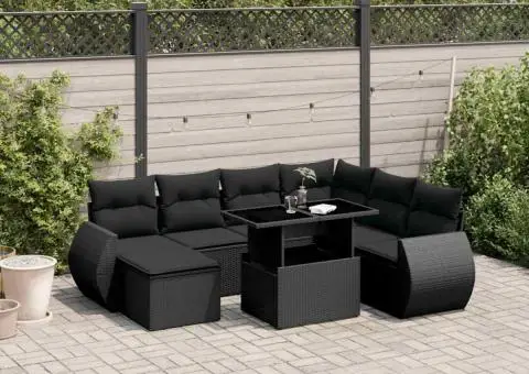 Set mobilier de grădină cu perne, 8 piese, negru, poliratan - 1/5