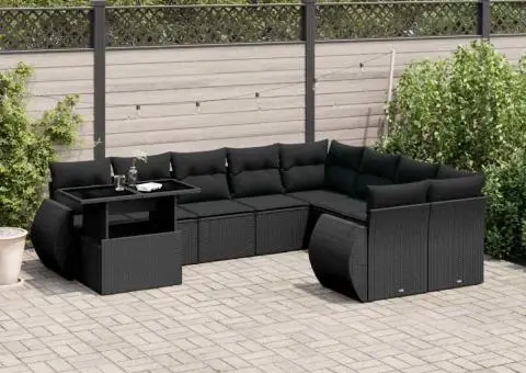 Set canapele de grădină cu perne, 10 piese, negru, poliratan - 1/5