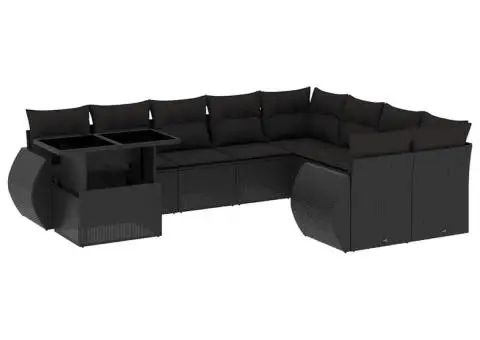 Set canapele de grădină cu perne, 10 piese, negru, poliratan - 2/5