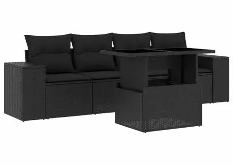 Set mobilier de grădină cu perne, 5 piese, negru, poliratan - 2/5