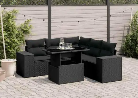 Set mobilier de grădină cu perne, 6 piese, negru, poliratan - 1/5