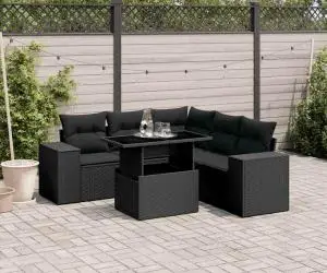 vidaXL Set mobilier de grădină cu perne, 6 piese, negru, poliratan