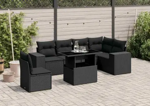 Set canapele de grădină cu perne, 7 piese, negru, poliratan - 1/5