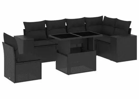 Set canapele de grădină cu perne, 7 piese, negru, poliratan - 2/5