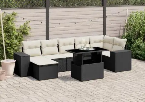 Set mobilier de grădină cu perne, 8 piese, negru, poliratan - 1/5