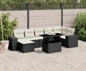vidaXL Set mobilier de grădină cu perne, 8 piese, negru, poliratan