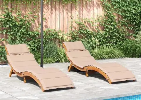 Șezlonguri cu perne, 2 buc., bej, lemn masiv de acacia - 1/5