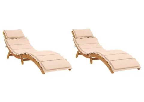 Șezlonguri cu perne, 2 buc., bej, lemn masiv de acacia - 2/5