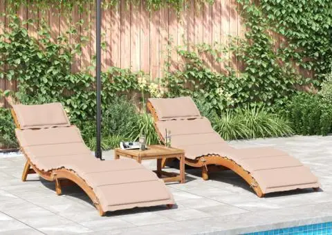Șezlonguri cu perne, 2 buc., bej, lemn masiv de acacia - 3/5