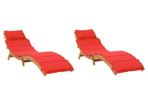 Șezlonguri cu perne, 2 buc., roșu, lemn masiv de acacia - 2/5