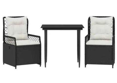 Set mobilier de grădină cu perne, 3 piese, negru, poliratan - 2/5
