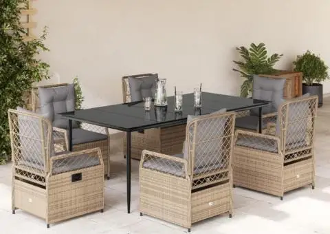 Set de masă pentru grădină, 7 piese, cu perne, bej, poliratan - 1/5