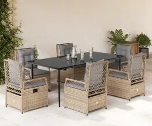 vidaXL Set de masă pentru grădină, 7 piese, cu perne, bej, poliratan
