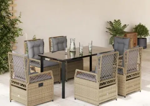 Set de masă pentru grădină, 7 piese, cu perne, bej, poliratan - 1/5